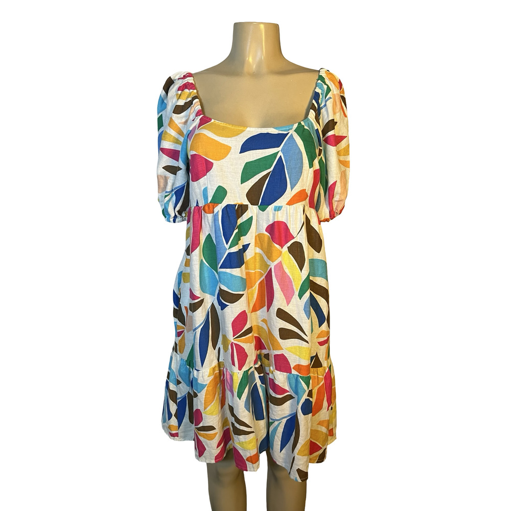 Tabitha Brown Dress Womens Medium Multicolor Linen Blend Puff‎ Sleeve Mini Boho